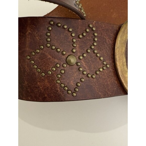 Leather Belt M Brown Floral Boho Studded 2.5" wide Tooled Leather Brass Buckle - Picture 2 of 16